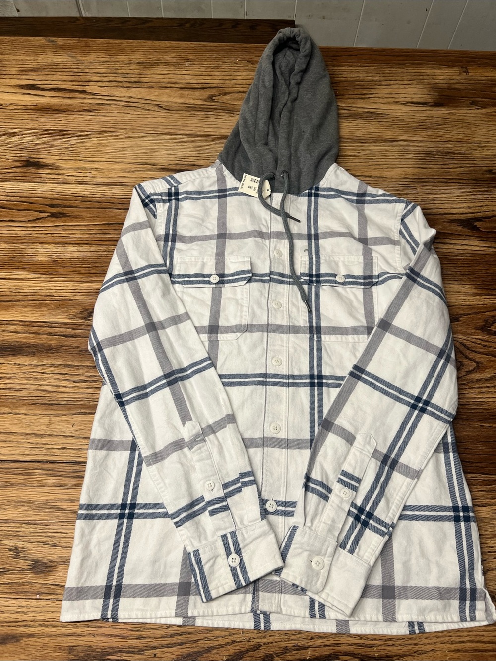 Aeropostale White Plaid Hooded Shirt Jacket with Gray Hood